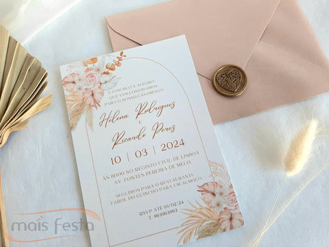 Convite de casamento floral boho rosa