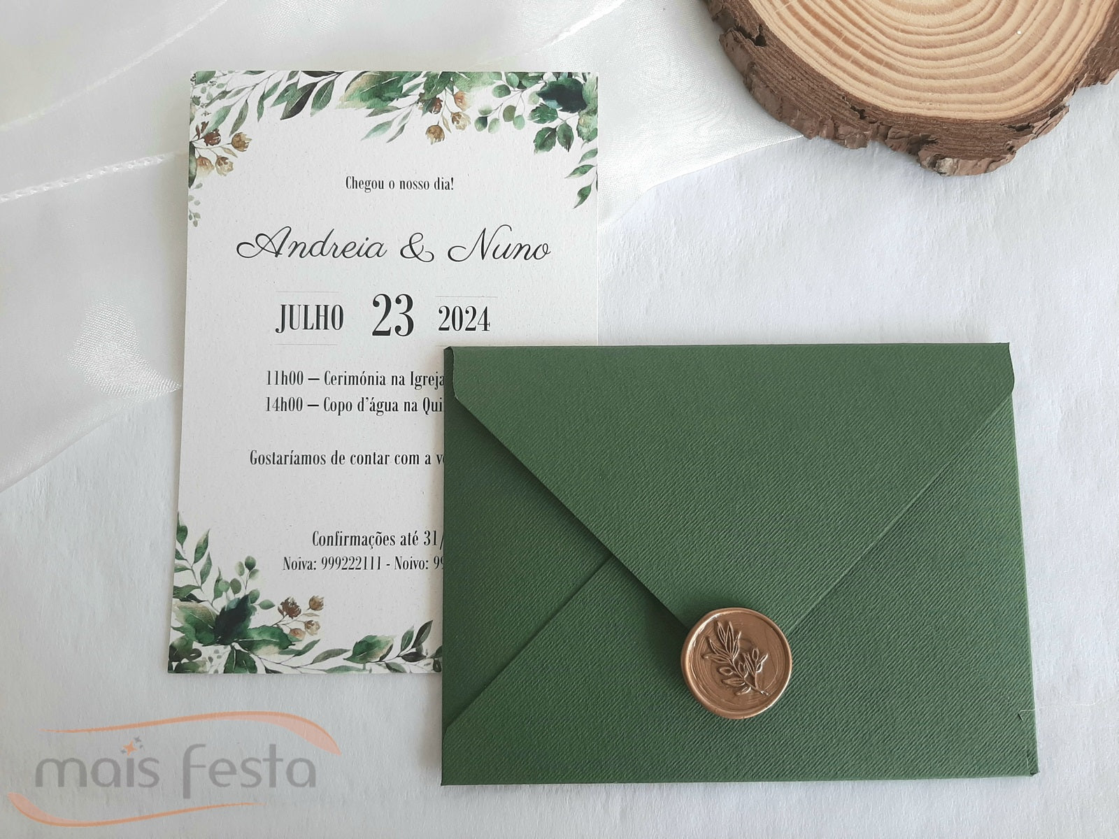 Convite de casamento verde folhagens
