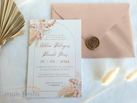 Convite de casamento floral boho rosa