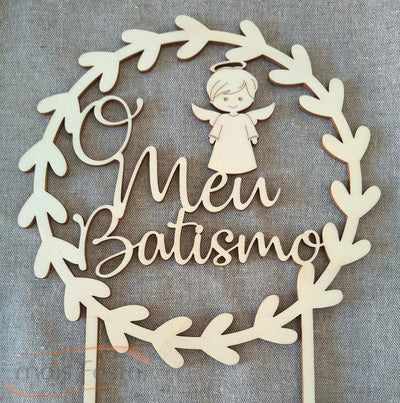 Topo de bolo madeira com Anjo